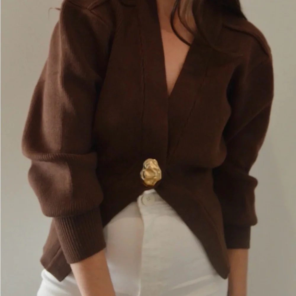 Women's Brown V-Neck Single-Button Knit Cardigan - Picture 10 of 10
